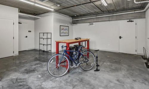 a bicycle parked in a garage