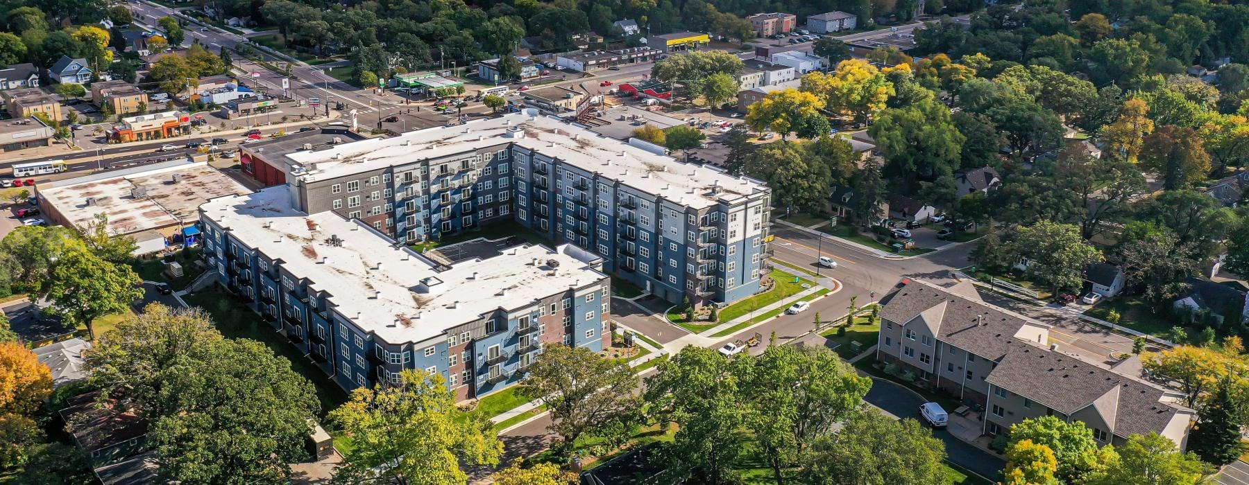 a building surrounded by trees