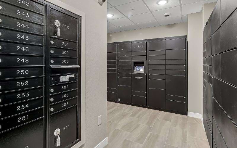 a mail room with lockers